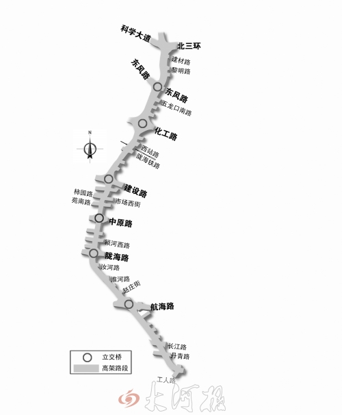 截至目前，僅剩西三環(huán)跨長江路、丹青路高架橋金水河處一座箱梁尚未澆筑。