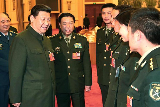 中共中央總書記、中共中央軍委主席習近平出席十二屆全國人大一次會議解放軍代表團全體會議并發表重要講話。