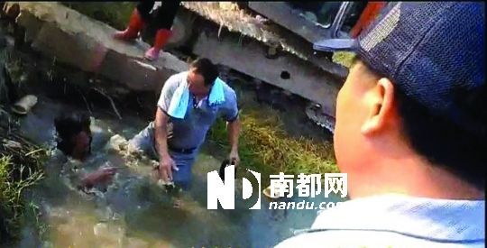 男子沒入水塘后試圖反抗，遭戴黑帽男子毆打。視頻截圖