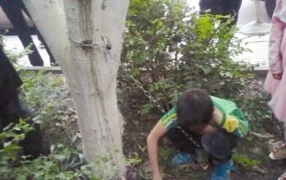 男孩被父親用鐵鏈鎖在小區(qū)樹上。（網友供圖）