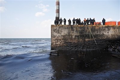 昨日，山東青島，清污人員正在海邊清理油污。