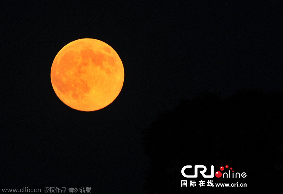 8月10日晚，一輪金燦燦的大月亮在遼寧省大連市東方升起。圖片來源：劉德斌/東方IC